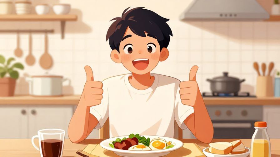 Illustration of a young person giving a thumbs up after eating, bright and cheerful kitchen background, expressive face, illustrated style