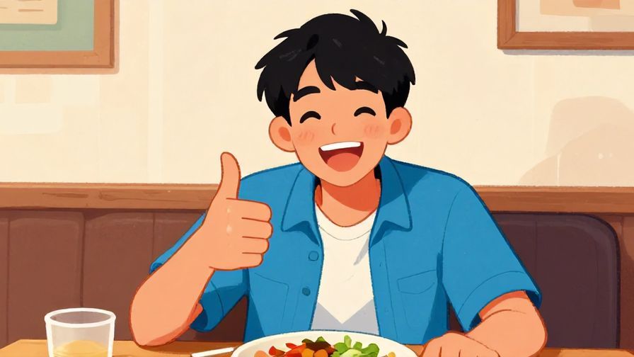 Illustration of a young person giving an enthusiastic thumbs-up while eating, informal setting, vibrant colors, illustrated style