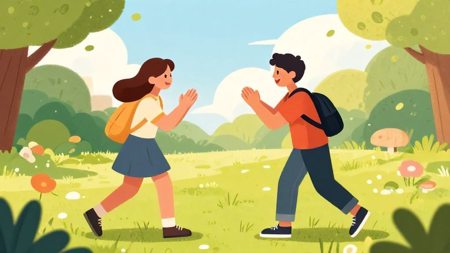 Illustration of a young person greeting a friend enthusiastically in a sunny park during late afternoon, bright colors, fun and energetic vibe