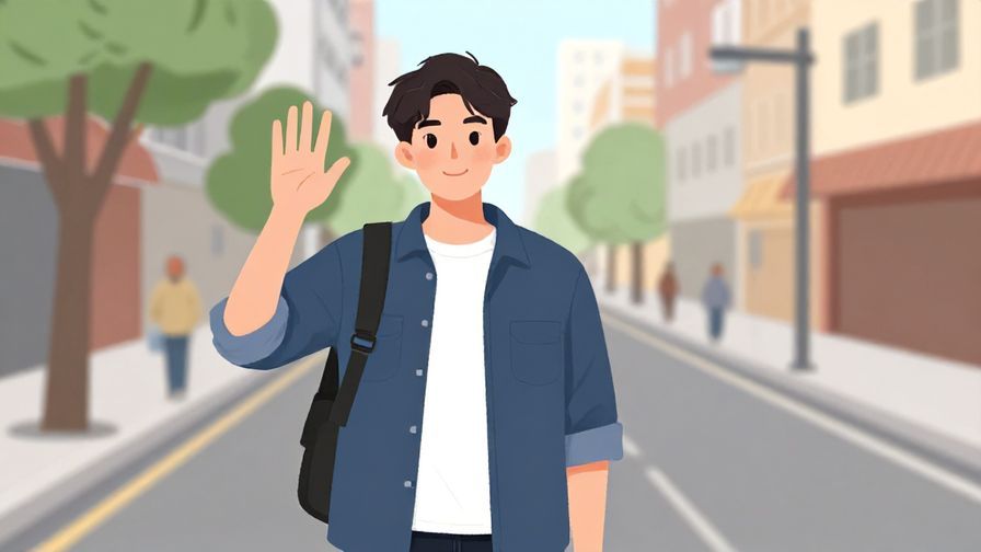 Illustration of a young person greeting a friend with a casual confident wave on a city street