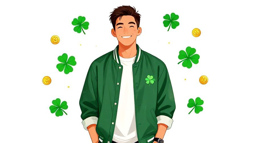 Illustration of a young person grinning confidently with casual streetwear, surrounded by lucky charms like four-leaf clovers and coins