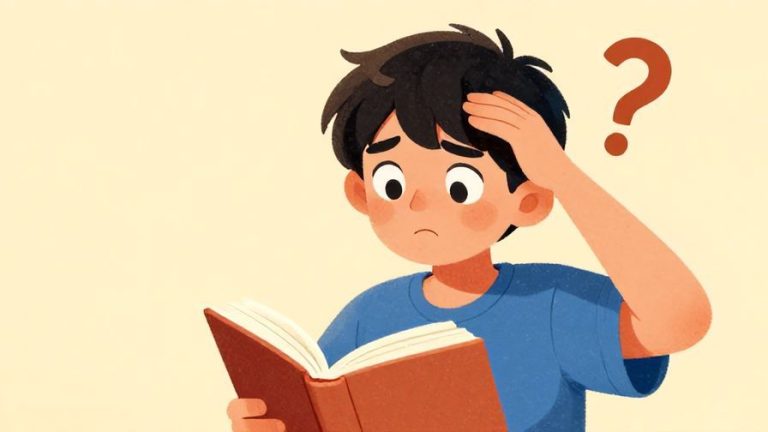 Illustration of a young person holding a book with a curious expression, scratching their head, with a soft question mark floating above, vibrant colors, illustrated style