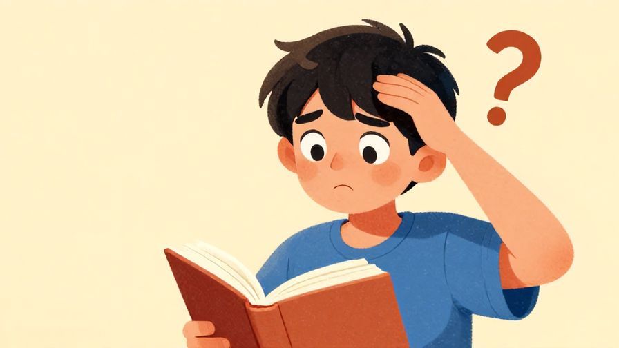 Illustration of a young person holding a book with a curious expression, scratching their head, with a soft question mark floating above, vibrant colors, illustrated style