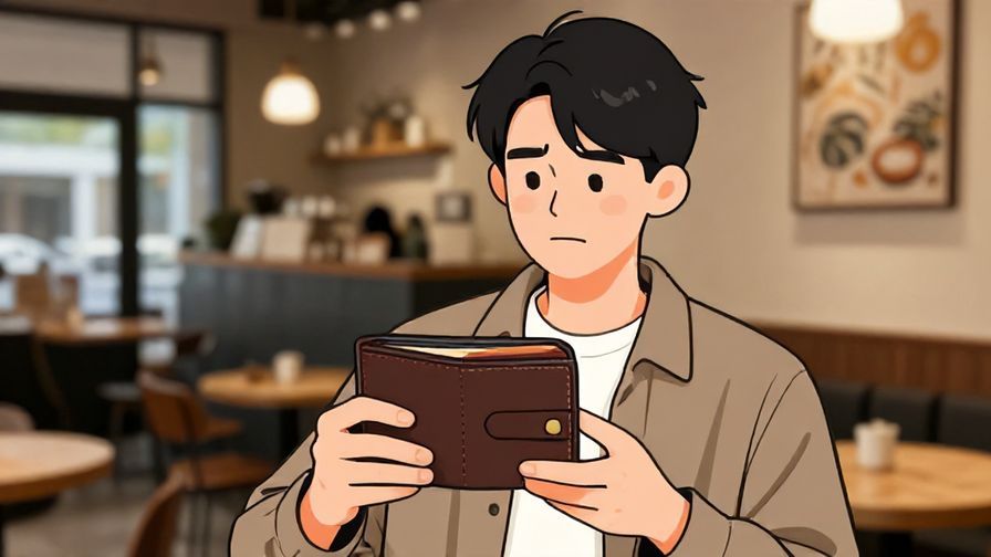 Illustration of a young person holding out a wallet with a questioning smile, informal café background