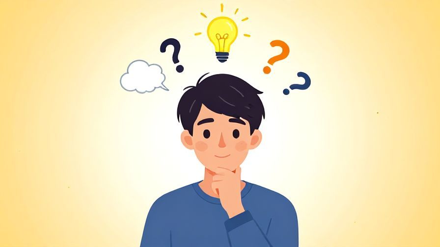 Illustration of a young person holding their chin thoughtfully, with a small cloud of question marks and light bulb ideas above their head, bright and warm colors