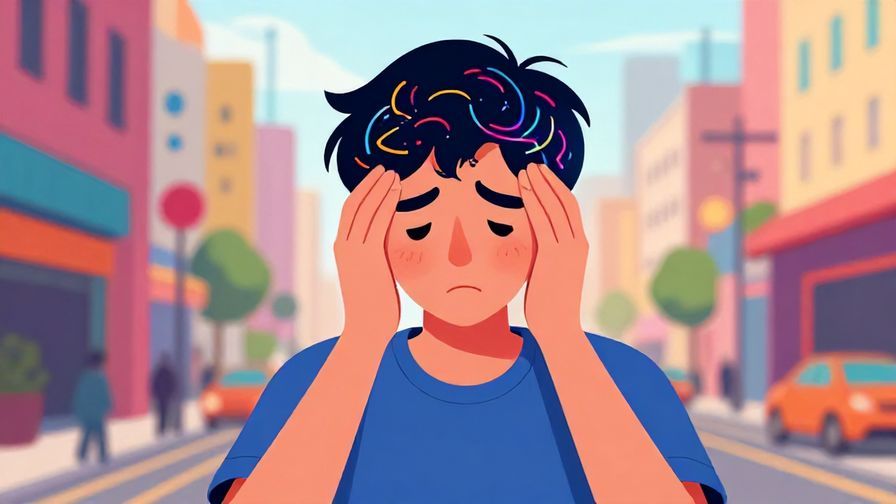 Illustration of a young person holding their head with a dizzy expression, swirling colorful lines around their head, vibrant city street background, illustrated style