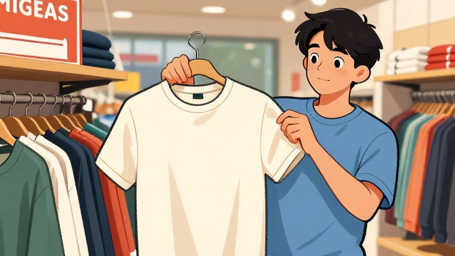 Illustration of a young person holding up a shirt in a store, looking curious and friendly, with a casual and relaxed store background, vibrant colors, illustrated style