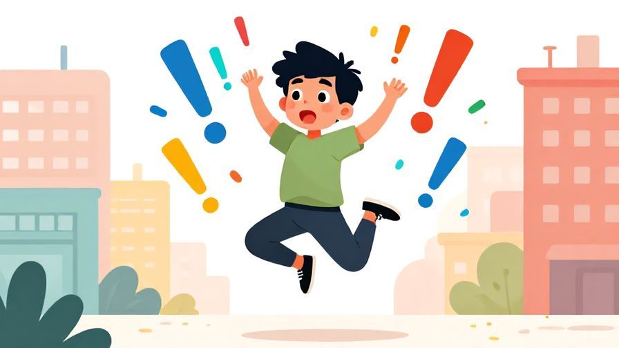 Illustration of a young person jumping back in surprise, eyes wide open, colorful exclamation marks around, with a lively urban background