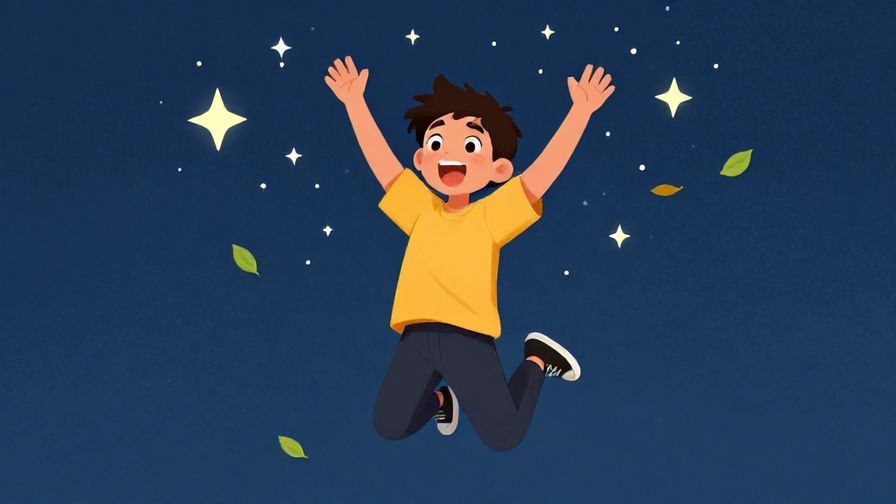 Illustration of a young person jumping excitedly with wide eyes and big smile, surrounded by stars and floating leaves