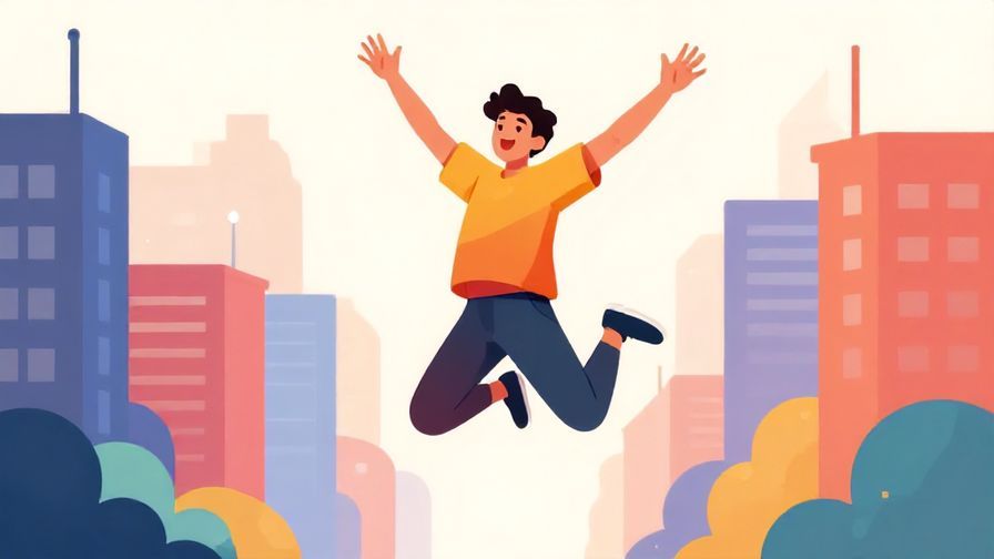 Illustration of a young person jumping excitedly with arms wide open, vibrant city background