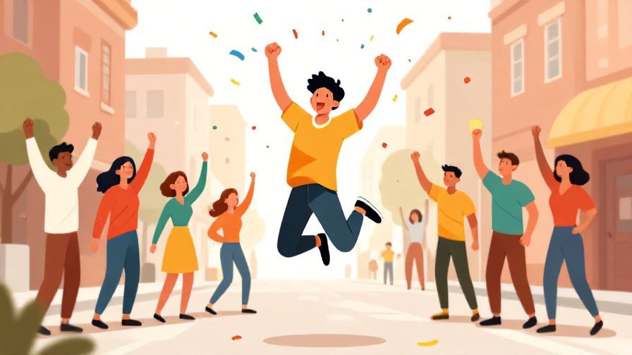 Illustration of a young person jumping in excitement with confetti flying around, casual street background with friends cheering