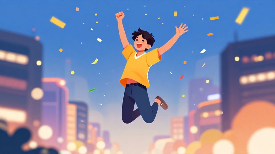 Illustration of a young person jumping joyfully with confetti falling around, bright city lights in the background, expressing excitement and luck