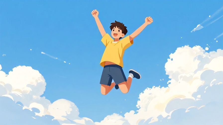 Illustration of a young person jumping with arms raised in excitement, bright sunny outdoors with blue sky and fluffy clouds