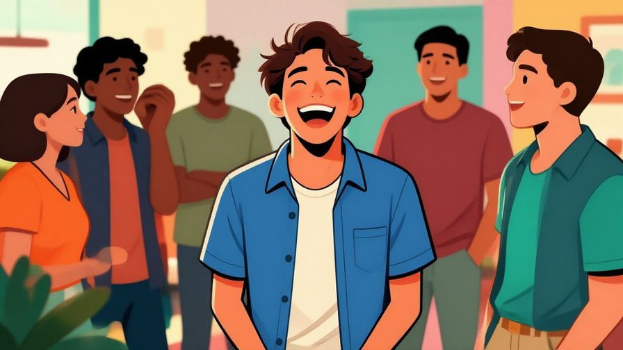 Illustration of a young person laughing confidently with friends in a casual setting, vibrant and lively atmosphere