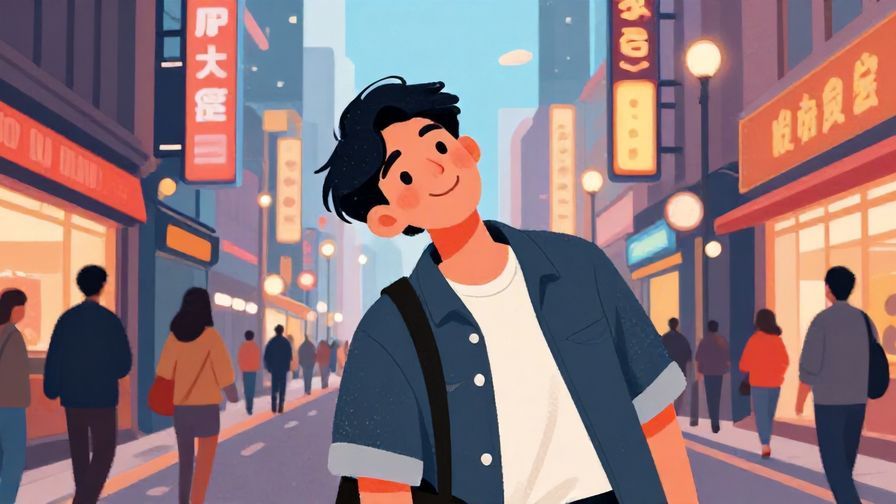 Illustration of a young person leaning back with a casual smile in a bustling city street, evening lighting, vibrant colors, illustrated style