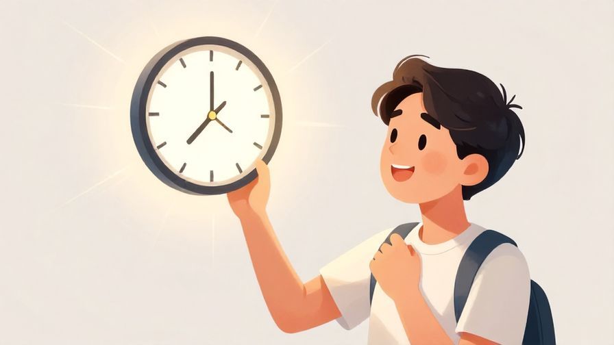 Illustration of a young person looking at a clock with a hopeful smile, surrounded by soft light rays
