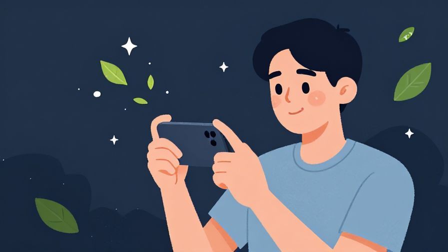 Illustration of a young person playfully holding a phone, casual relaxed atmosphere with floating leaves and stars