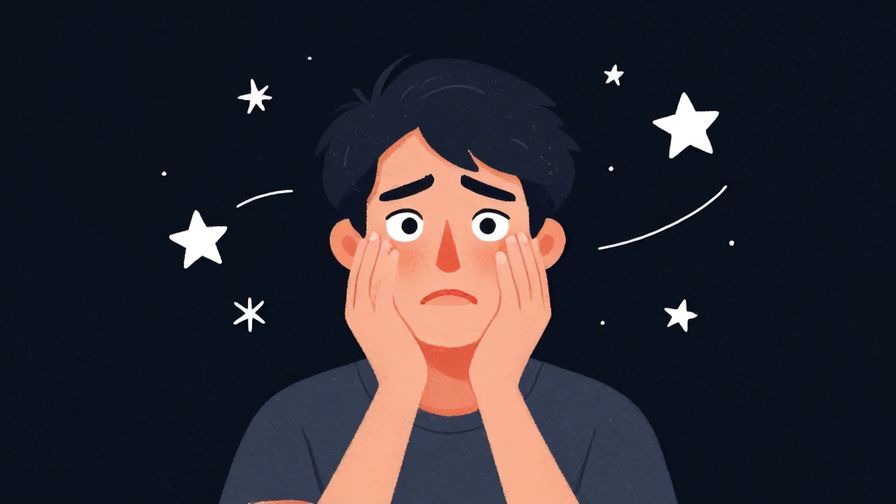 Illustration of a young person playfully making a disappointed face with exaggerated expression, surrounded by stars and curved lines