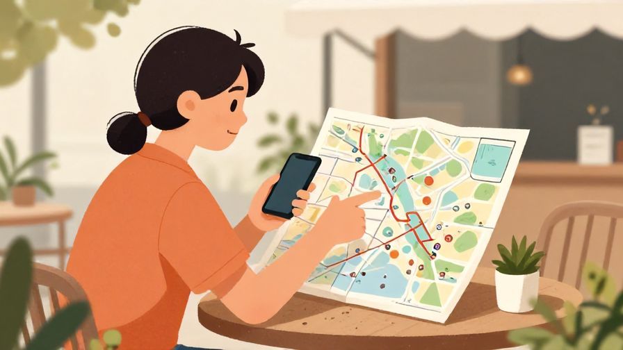 Illustration of a young person pointing at a map on their phone, relaxed outdoor cafe setting