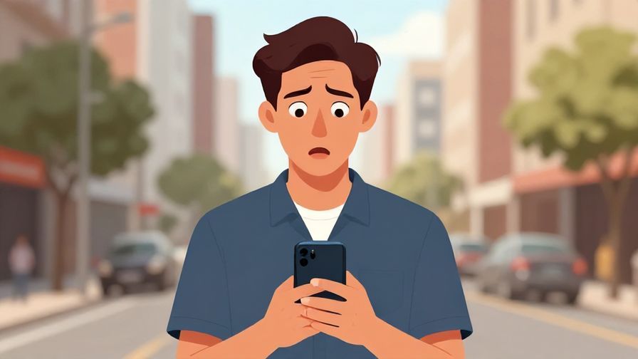 Illustration of a young person raising both eyebrows in shock while showing a suspicious message on their phone, casual urban background