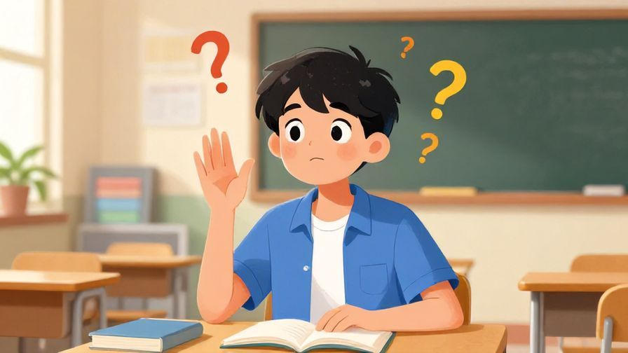 Illustration of a young person raising their hand with a curious expression in a classroom, colorful background with books and question marks floating around, vibrant colors, illustrated style