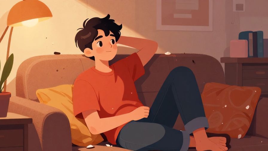 Illustration of a young person relaxing on a couch, looking back with a slight smirk, messy room with cozy vibe, warm colors