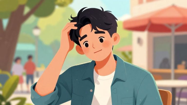 Illustration of a young person scratching their head with a puzzled smile, casual setting like a park or café, colorful and vibrant background