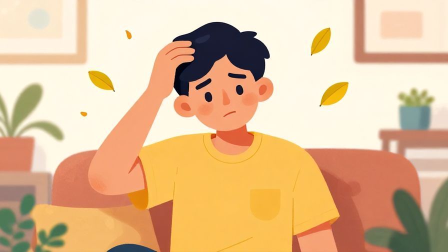 Illustration of a young person scratching their head with a playful frown, sitting in a cozy room with bright colors and floating leaves