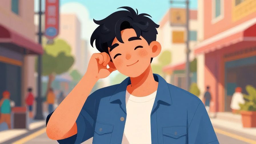 Illustration of a young person shaking their head with a playful smile, casual street setting, vibrant colors