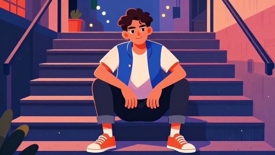 Illustration of a young person sitting on stairs, smiling wryly with a casual shrug, urban evening setting, vibrant colors, illustrated style