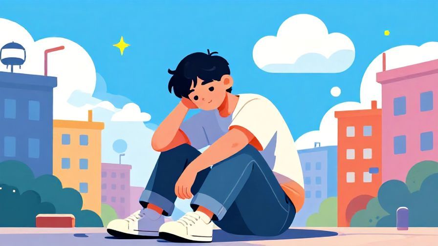 Illustration of a young person slouching with a blue cloud overhead, casual urban setting, vibrant colors, illustrated style