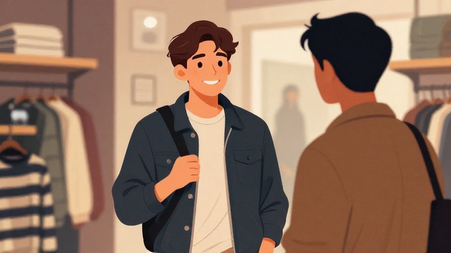 Illustration of a young person smiling, holding a jacket, chatting casually with a friend in a trendy store