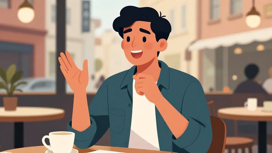 Illustration of a young person speaking emphatically with a hand gesture, urban café background