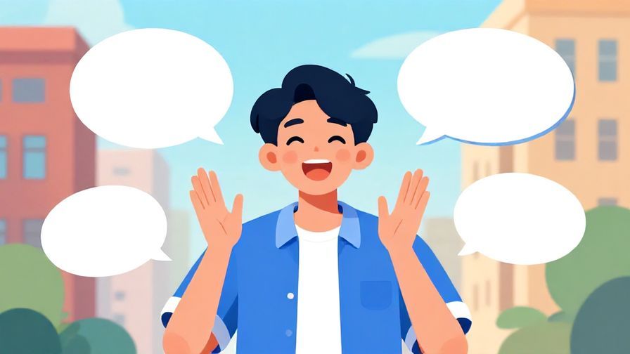 Illustration of a young person speaking enthusiastically with animated speech bubbles, bright urban background, youthful and energetic vibe