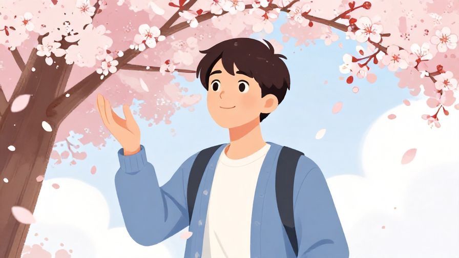 Illustration of a young person standing confidently with a proud expression, cherry blossoms falling gently around