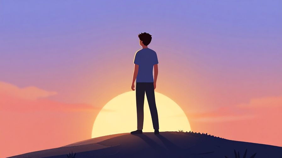 Illustration of a young person standing on a hill at sunrise, looking determined with a vibrant sky behind them, symbolizing youth and life