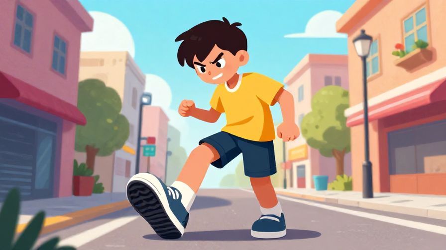 Illustration of a young person stomping their foot playfully, exaggerated angry face but smiling, urban street background, vibrant colors, illustrated style