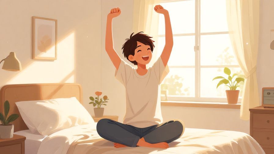 Illustration of a young person stretching and smiling in a sunny bedroom, casual clothes, bright morning light, warm and friendly atmosphere