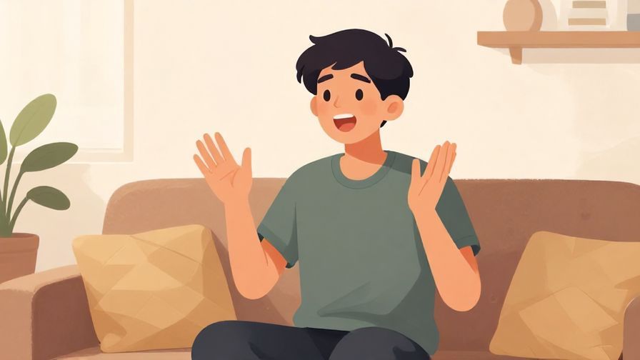 Illustration of a young person talking animatedly with hand gestures, relaxed home setting