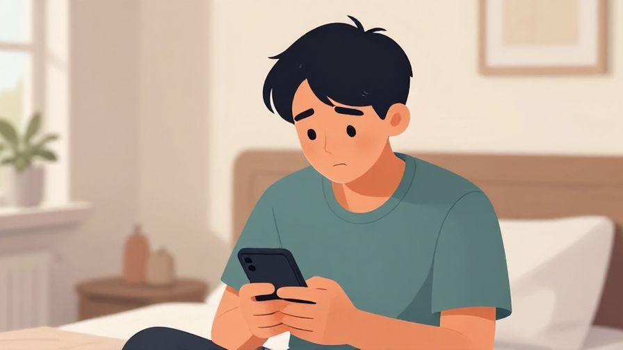 Illustration of a young person texting on a phone with a hopeful expression, casual bedroom background