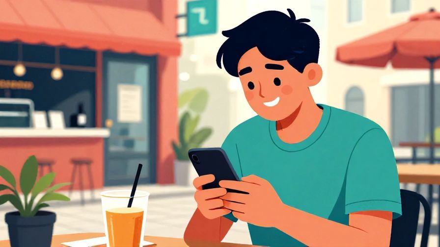 Illustration of a young person texting on their smartphone with a smile, urban cafe background, vibrant colors, illustrated style