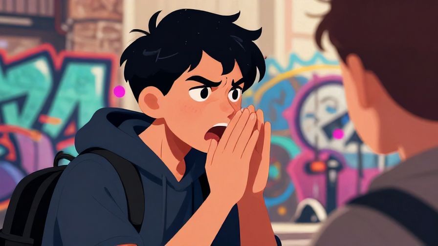 Illustration of a young person whispering angrily about someone off-screen, urban graffiti background