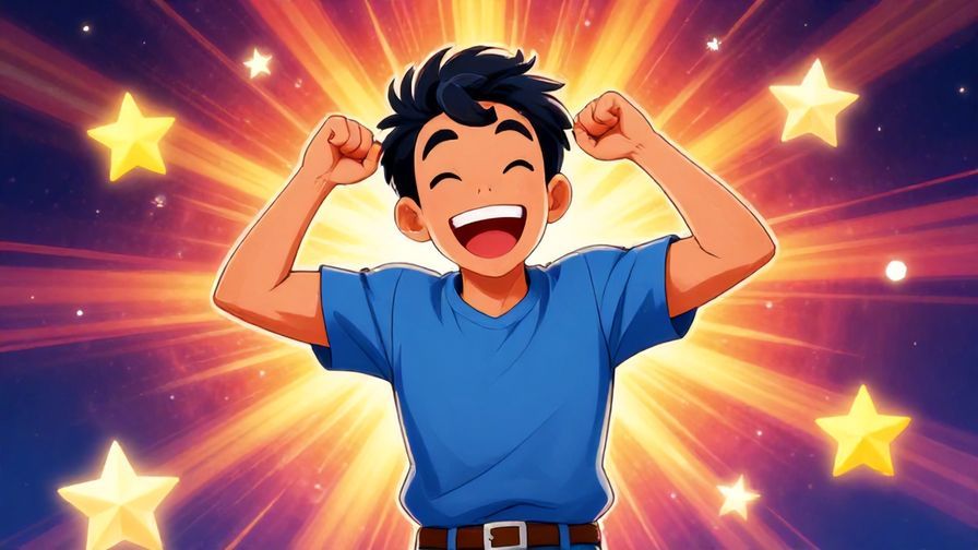 Illustration of a young person with a big, excited grin and energetic pose, surrounded by stars and light rays, vibrant colors