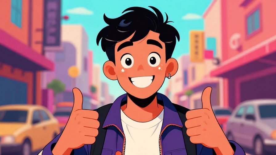 Illustration of a young person with a big grin and sparkling eyes, thumbs up, vibrant street background
