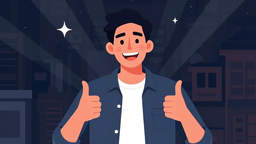 Illustration of a young person with a big grin and thumbs up, casual urban background with stars and light rays