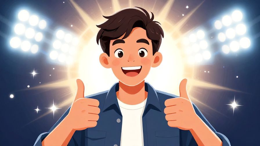 Illustration of a young person with a big grin, giving a thumbs up with bright, flashy background lights, expressing excitement