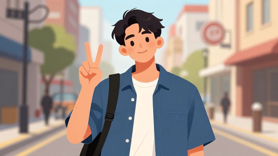 Illustration of a young person with a casual outfit giving a relaxed peace sign, bright urban street background