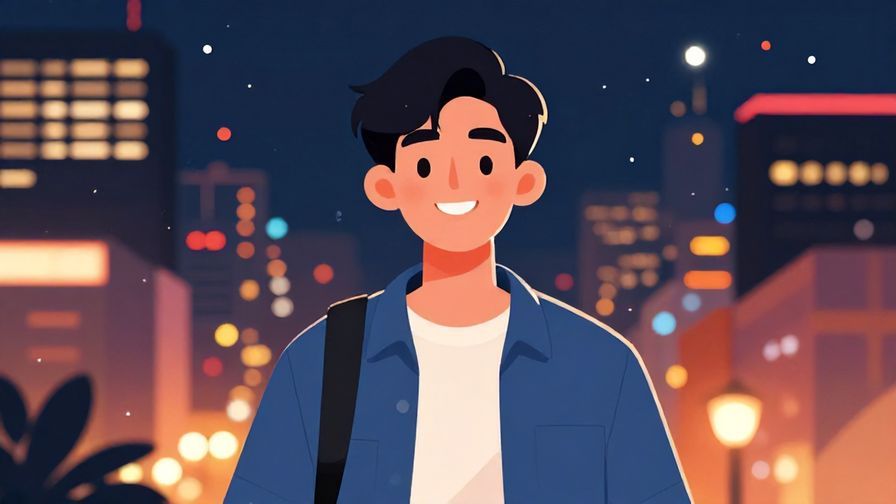 Illustration of a young person with a confident smile, surrounded by vibrant city lights at night