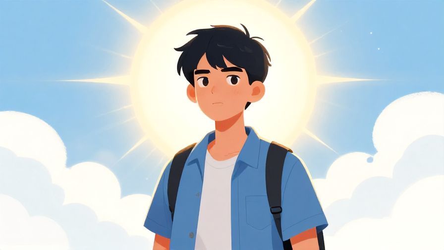 Illustration of a young person with a determined expression, standing tall with bright sunlight behind