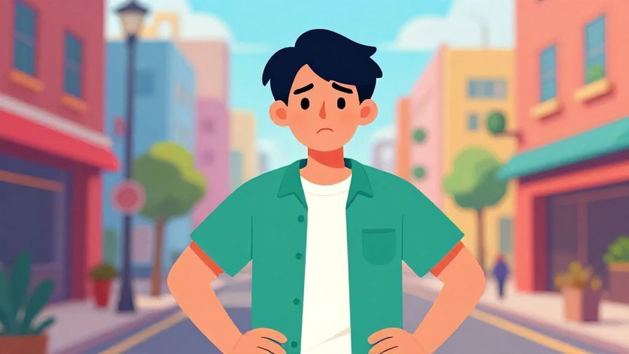 Illustration of a young person with a frustrated expression, hands on hips, bright city street background, vibrant colors, illustrated style